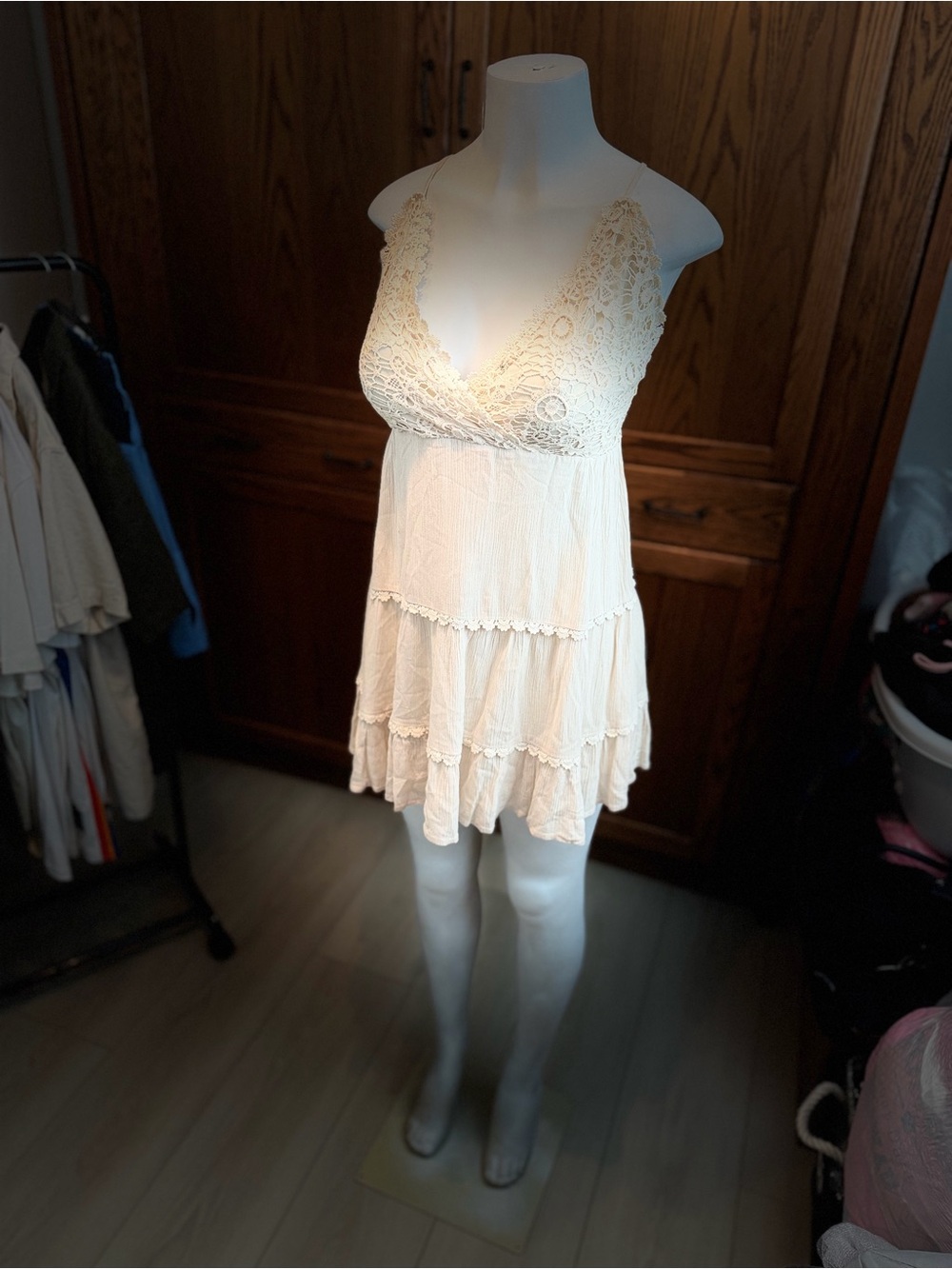 Lace-Trim Tiered Mini Dress in Cream